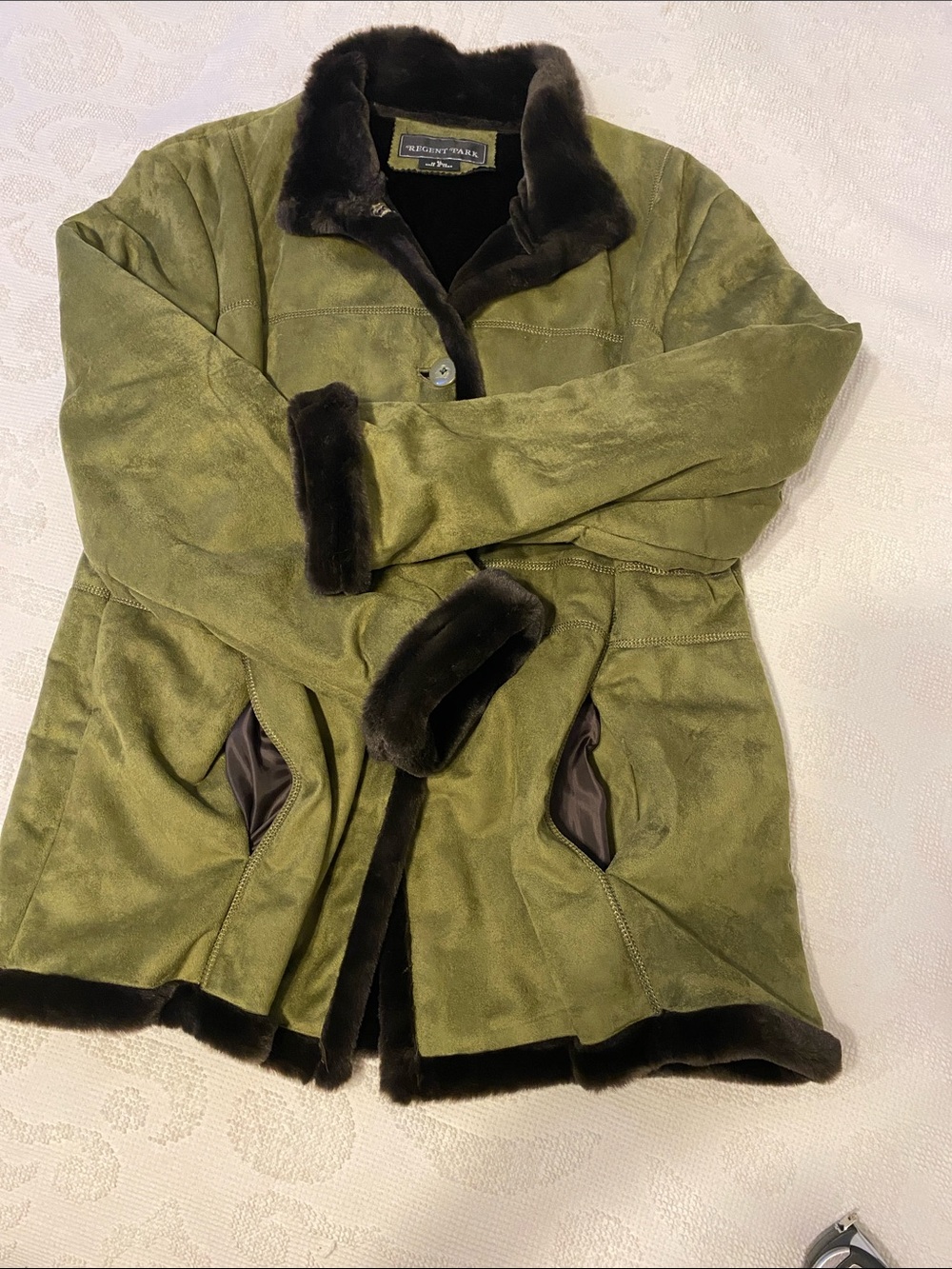 Regent Park Olive Faux-Suede Jacket with Dark Fur Trim, no signs of wear - Picture 5 of 9